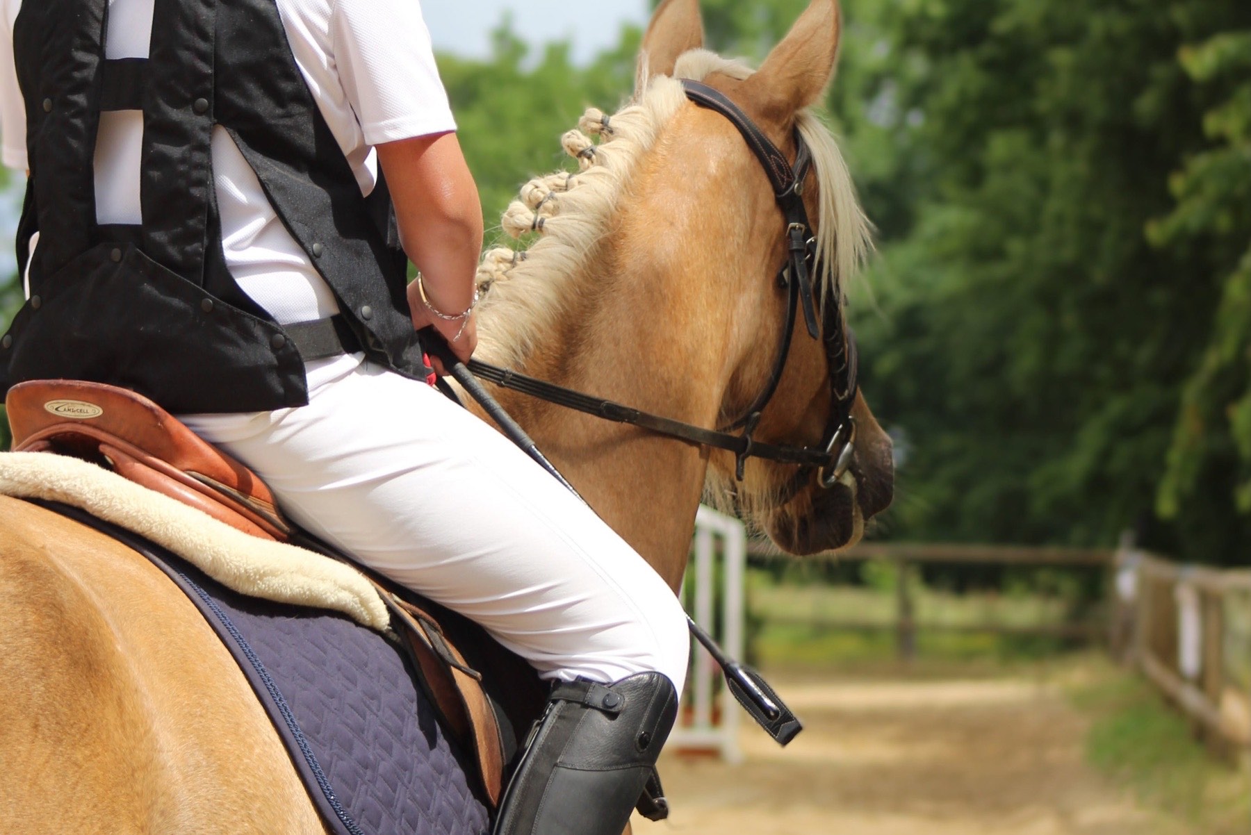 Cavalier et poney palomino tressé dans la carrière du Centre Équestre de Venat